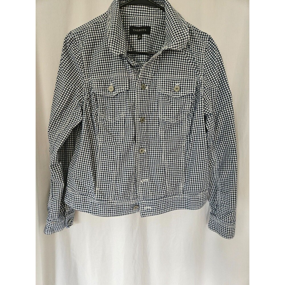Talbots Jacket Sz Medium Womens Gingham Blue White Buttonup Check Preppy Casual